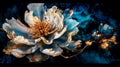 Botanical flowers with one big flower for whole artwork flowing alcohol ink style bioluminescence navy blue background, white,