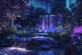 Botanical garden at night. waterfall. auroras. moonlight. Purples and blues. Mystical realistic. Royalty Free Stock Photo