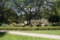 botanical garden with paths pathways wood overpass structure plants rock. p