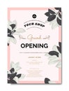 Botanical grand opening invitation card template design, black and white Ficus Elastica / rubber plant on pink background