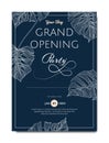 Botanical grand opening invitation card template design, line art ink drawing split-leaf Philodendron plant on dark blue