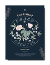Botanical grand opening invitation card template design, pink anemone flowers with leaves on dark blue, vintage style