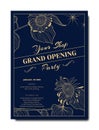 Botanical grand opening invitation card template design, yellow line art ink drawing sunflower with leaves on dark blue background