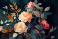 Botanical illustration as painting of gentle orange and red rose bush flowers Royalty Free Stock Photo