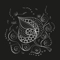 Botanical illustration in White outline on black background, abstract ornament pattern and tree leaves