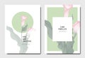 Botanical invitation card template design, pink calla lily flowers with leaves on green and white background, minimalist vintage Royalty Free Stock Photo