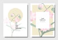 Botanical invitation card template design, pink Dendrobium orchid flowers with leaves on byellow and white, minimalist