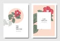 Botanical invitation card template design, red Japanese camellia flowers and leaves on pink and white background