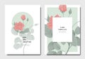 Botanical invitation card template design, red rose flowers with leaves on green and white, minimalist vintage style Royalty Free Stock Photo