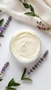 Botanical Luxury: Organic Moisturizer Cream Jar with Herbal Extract, Leafy Background.