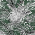 Botanical monochrome pattern with dry palm leaves on a green background