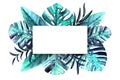 Botanical nature rectangle frame with watercolor tropical leaves on white background. Monstera, palm, banana blue leaves