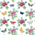 Botanical pattern for designer. Elegant flowers with leaves and butterflies on a white background. Seamless watercolor pattern. Royalty Free Stock Photo