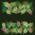 Botanical pattern green pink leafs black background