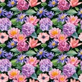 Botanical pattern. Hand drawn watercolor seamless pattern with flowers. Hydrangea, lily, anemone and buttercups