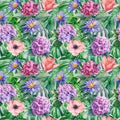 Botanical pattern. Hand drawn watercolor seamless pattern with flowers. Hydrangea, lily, anemone and buttercups