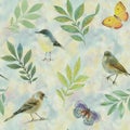 Botanical pattern. seamless pattern. For wrapping paper. flowers birds leaves and butterflies on sky background. Royalty Free Stock Photo