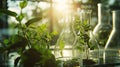 botanical research plant sample in glass flasks in laboratory with sunlight