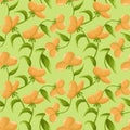 Botanical seamless pattern with abstract large orange flowers and leaves on a green background Royalty Free Stock Photo