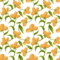 Botanical seamless pattern with abstract large orange flowers and leaves on a white background