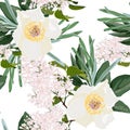 Botanical seamless pattern with Blossoming lilac and white peony flowers.