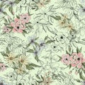 Botanical seamless pattern. Bouquets of flowers. Vintage line art design for fabric, wallpaper.