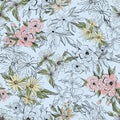 Botanical seamless pattern. Bouquets of flowers. Vintage line art design for fabric, wallpaper.