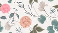 Botanical seamless pattern, dahlia, magnolia flowers and leaves on light grey background