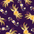 Botanical seamless pattern with decorative bouquets of wild flowers and herbs on a purple background.