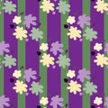 Botanical seamless pattern with doodle flower silhouettes simple print. Striped purple and green background Royalty Free Stock Photo