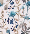 Botanical seamless pattern with eryngium, eucalyptus, viburnum, lagurus. Hand painted in watercolor.