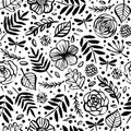 Botanical seamless pattern with flowers, branches, leaves, and d Royalty Free Stock Photo