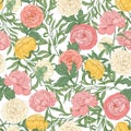 Botanical seamless pattern with gorgeous blooming tulips, peonies and ranunculus flowers on white background. Floral