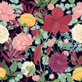 Botanical seamless pattern with gorgeous garden and wild floristic flowers and flowering herbs on black background