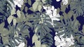 Botanical seamless pattern, green split-leaf Philodendron plant, Epipremnum aureum, fern and orchid on dark blue