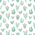 Botanical seamless pattern with hand drawn green cactuses on white background. Blooming Mexican desert plants. Natural