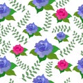 Botanical seamless pattern pink and blue blooming rose with leaves, branches of greenery. Floral illustration for booklet, Royalty Free Stock Photo