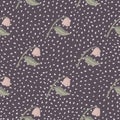 Botanical seamless pattern with pink campanula flowers. Purple background with dots. Vintage spring backdrop