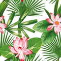 Botanical seamless pattern pink lotus green leaves white background