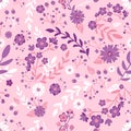 Botanical seamless pattern with pink and purple flowers and leaves. Repetitive background with floral motifs for weddings and invi
