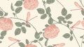 Botanical seamless pattern, pink rose flowers and dragonfly on light yellow