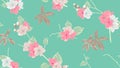 Botanical seamless pattern, pink sakura flowers and leaves on green background Royalty Free Stock Photo