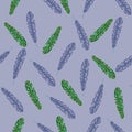 Botanical seamless pattern with random tropic leaf elements print. Purple background. Simple style