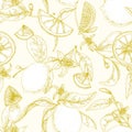 Botanical seamless pattern with ripe lemons, branches with blooming flowers and leaves hand drawn with contour lines on