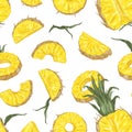Botanical seamless pattern with ripe pineapple pieces and slices on black background. Backdrop with cut sweet tropical Royalty Free Stock Photo
