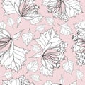 Botanical seamless pattern sketch drawn with black gel pen with pink background.