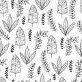 Botanical seamless pattern with spring blooming garden flowers hand drawn with contour lines on white background Royalty Free Stock Photo