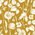 Botanical seamless pattern with spring blooming garden flowers hand drawn with contour lines on yellow background Royalty Free Stock Photo