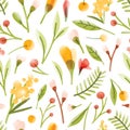 Botanical seamless pattern with translucent blooming summer flowers, berries, leaves scattered on white background Royalty Free Stock Photo