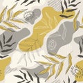 Botanical seamless pattern. Trendy abstract pattern, tropical leaves, gold, pastel earthy colours. Vector